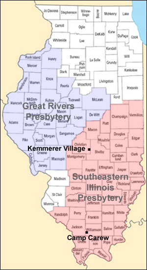 Map of Illinois showing Kemmerer Village.